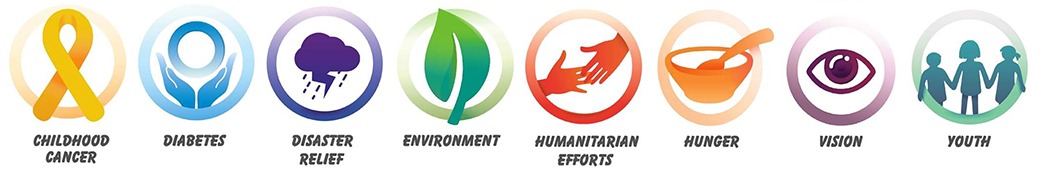 Les huit causes de Lions Clubs International : cancer pédiatrique, diabète, secours en cas de catastrophe, environnement, services humanitaires, faim, vue, jeunesse